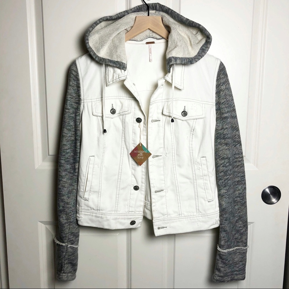 Free People Distressed White hooded Denim Jacket